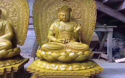 寺廟玻璃鋼彩繪漆金佛像三圣佛雕塑