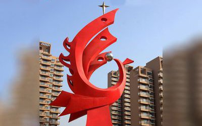 城市創意抽象玻璃鋼紅色鳳凰雕塑