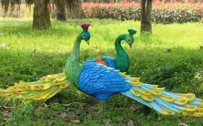 公園草坪兩只相對(duì)的玻璃鋼彩繪孔雀雕塑